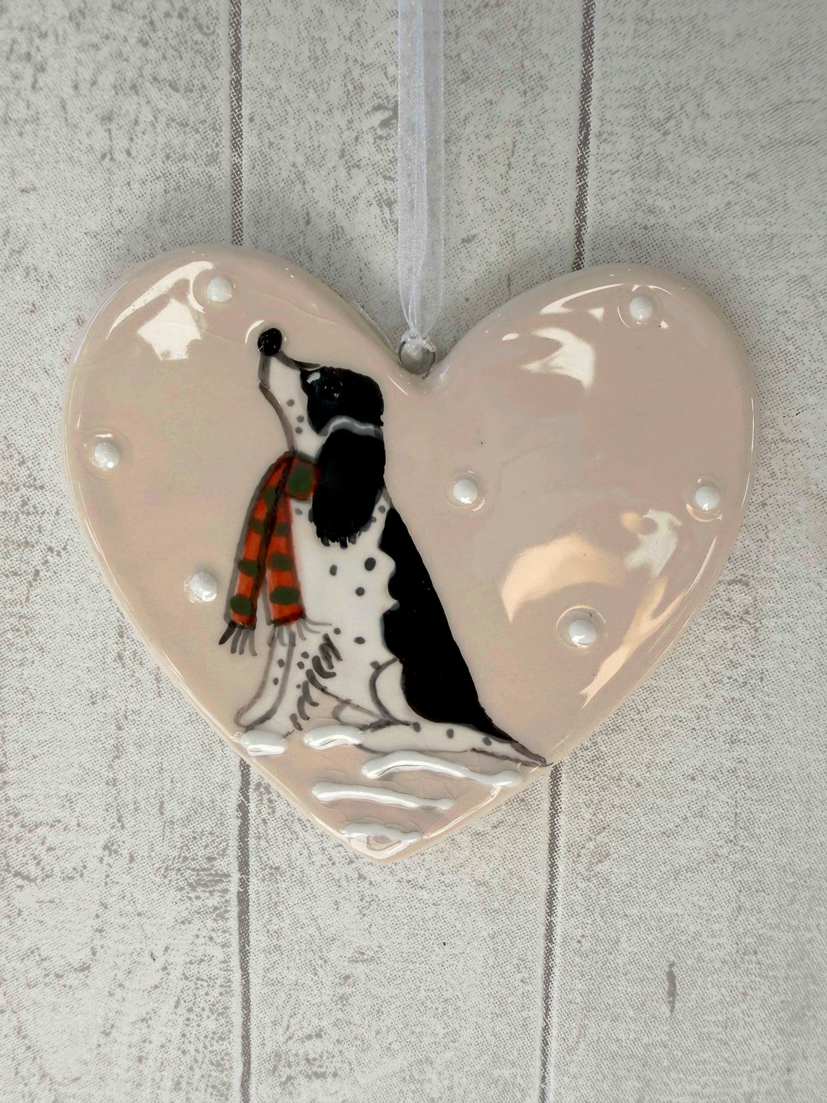 Springer Spaniel Black & White Hand Painted Ceramic Heart Super Seconds