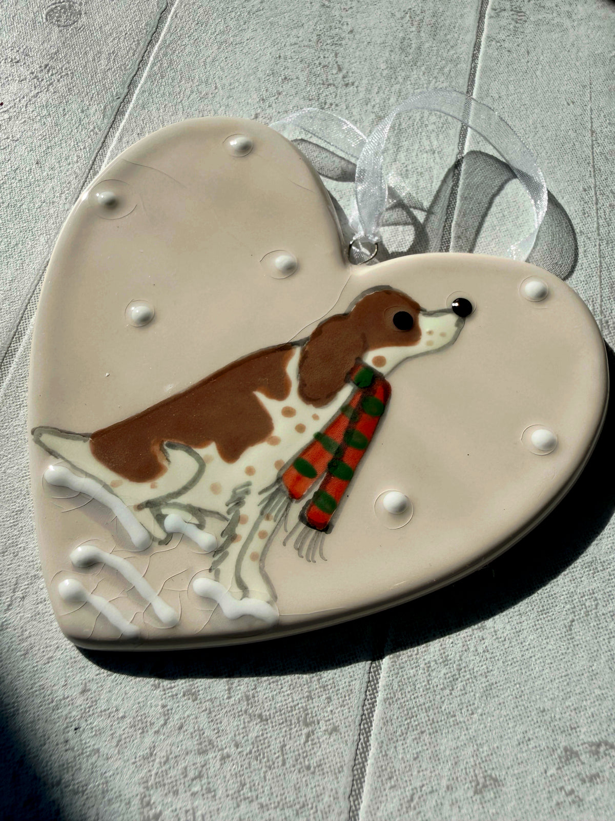 Springer Spaniel Liver and White Hand Painted Ceramic Heart Super Seconds