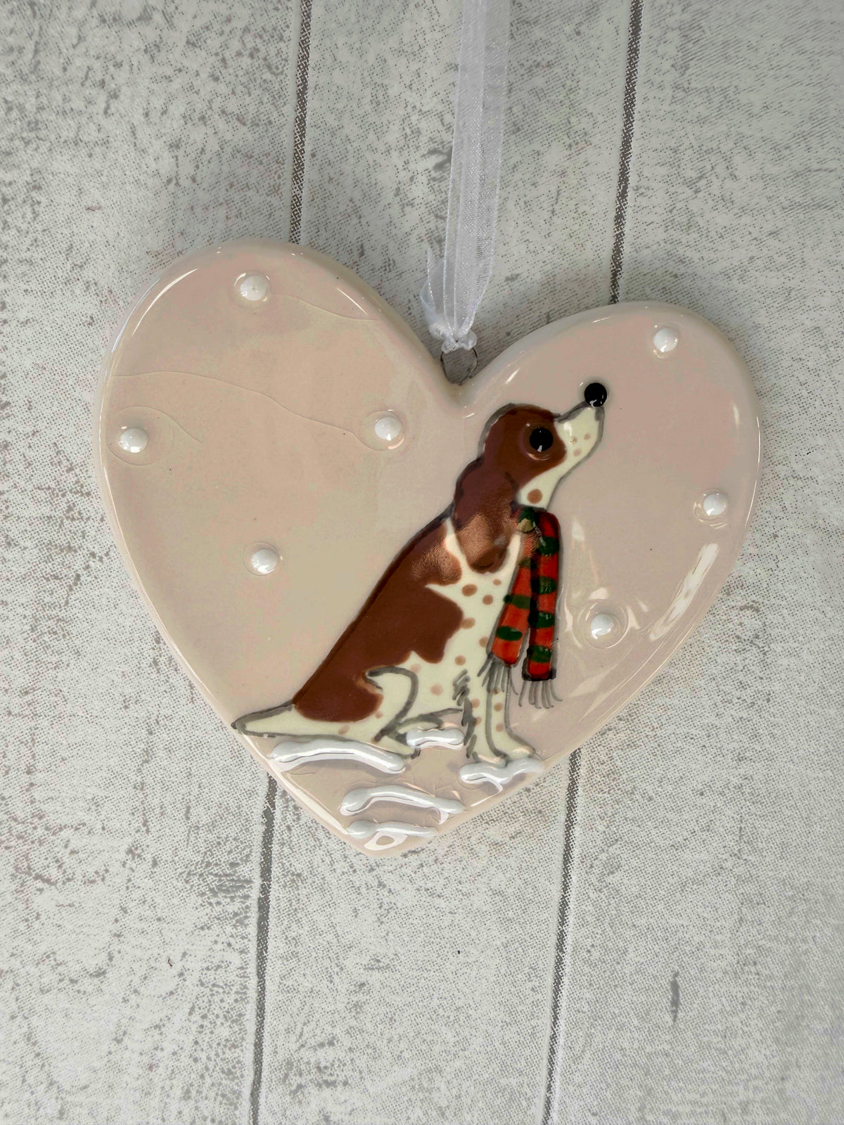 Springer Spaniel Liver and White Hand Painted Ceramic Heart Super Seconds