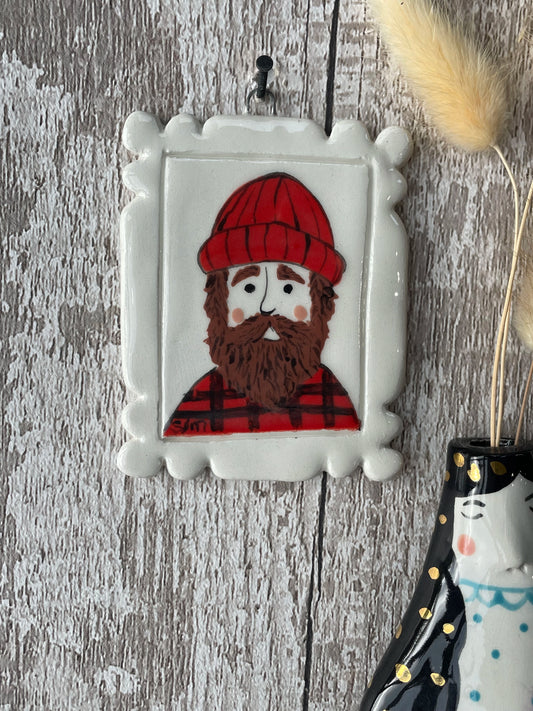 Bearded Man with Red Hat Ceramic Mini Masterpiece, Hand Painted Wall Art