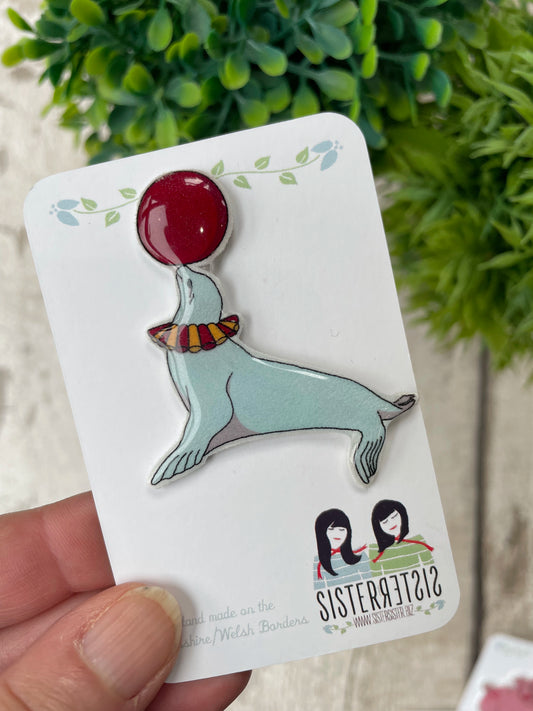 Discontinued Circus Seal Pin Badge, Handmade Animal Brooch, Sister Sister