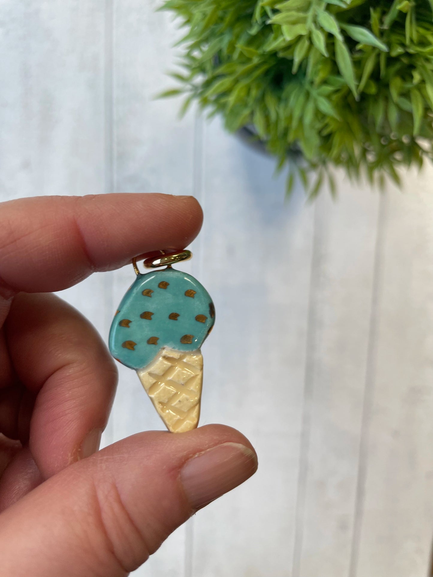 Hand-Painted Ice Cream Cone Ceramic Charm, Blue Sprinkles Mini Pendant by Sister Sister