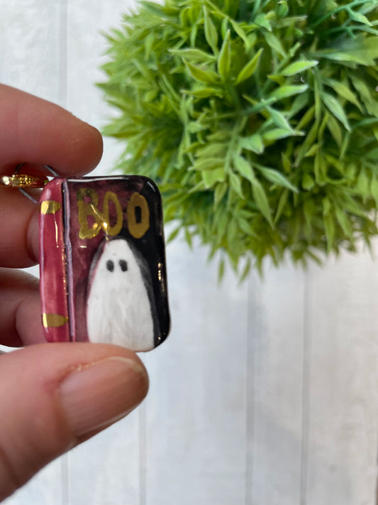 Hand-Painted “Boo” Ghost Book Ceramic Charm (Crimson) 3cm Mini Pendant by Sister Sister