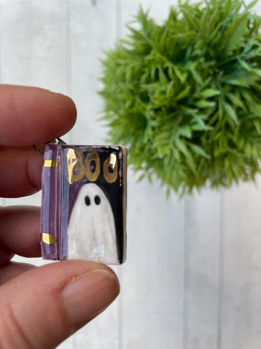 Hand-Painted “Boo” Ghost Book Ceramic Charm (Purple), 3cm Mini Pendant by Sister Sister
