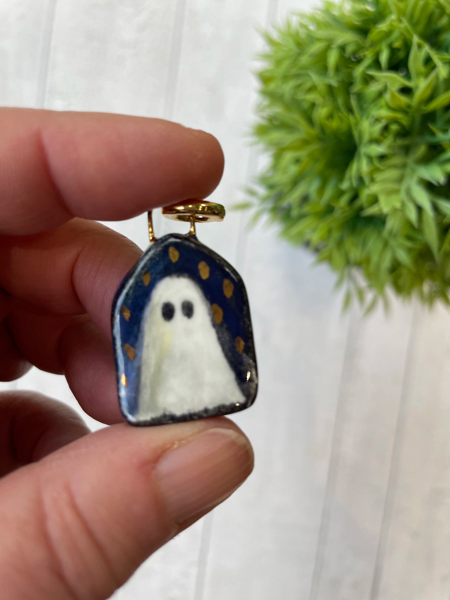 Hand-Painted Ghost Ceramic Charm Blue, Black & Gold, 3cm Mini Pendant by Sister Sister