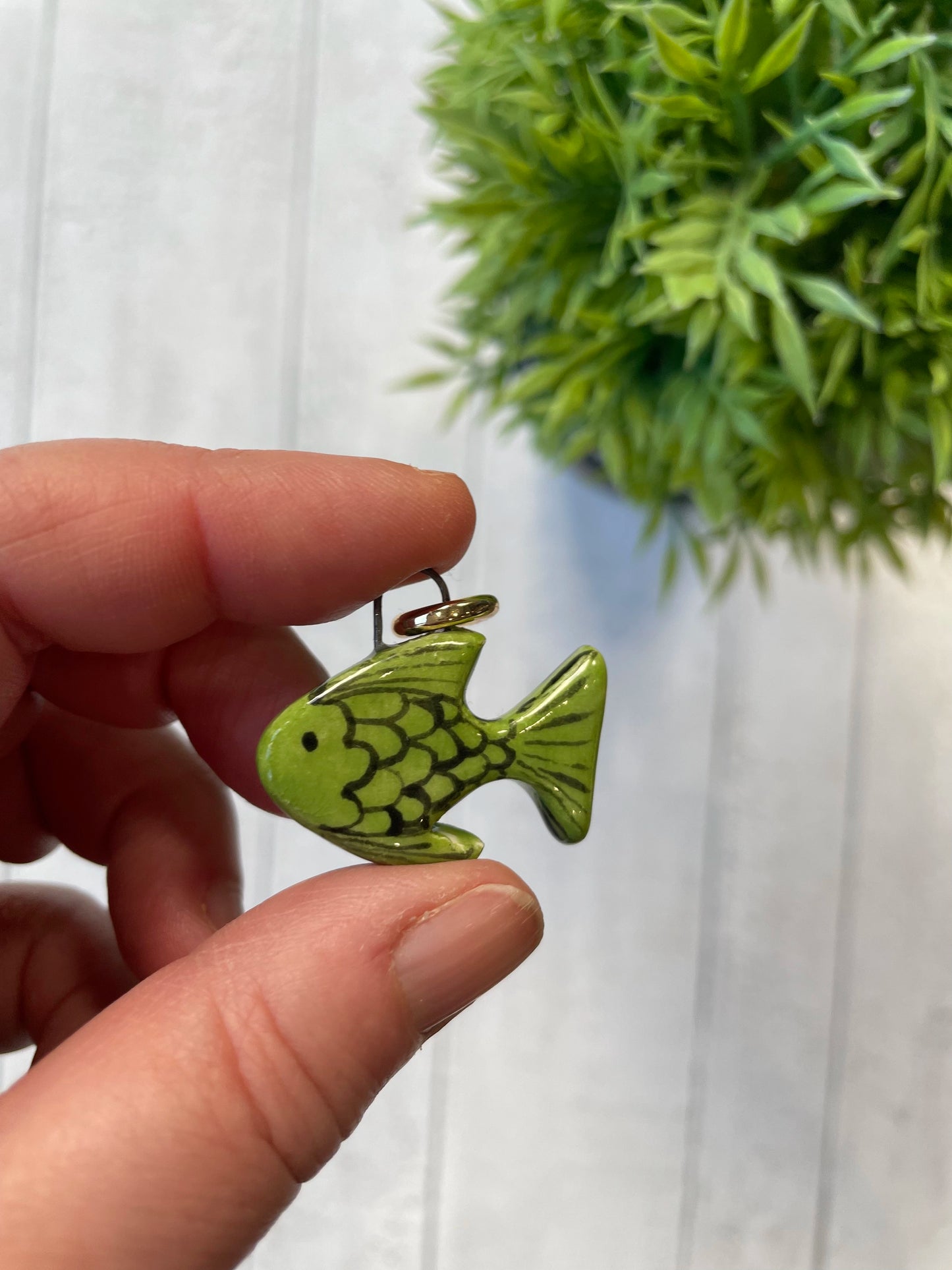 Hand-Painted Green Fish Ceramic Charm, Mini Pendant by Sister Sister