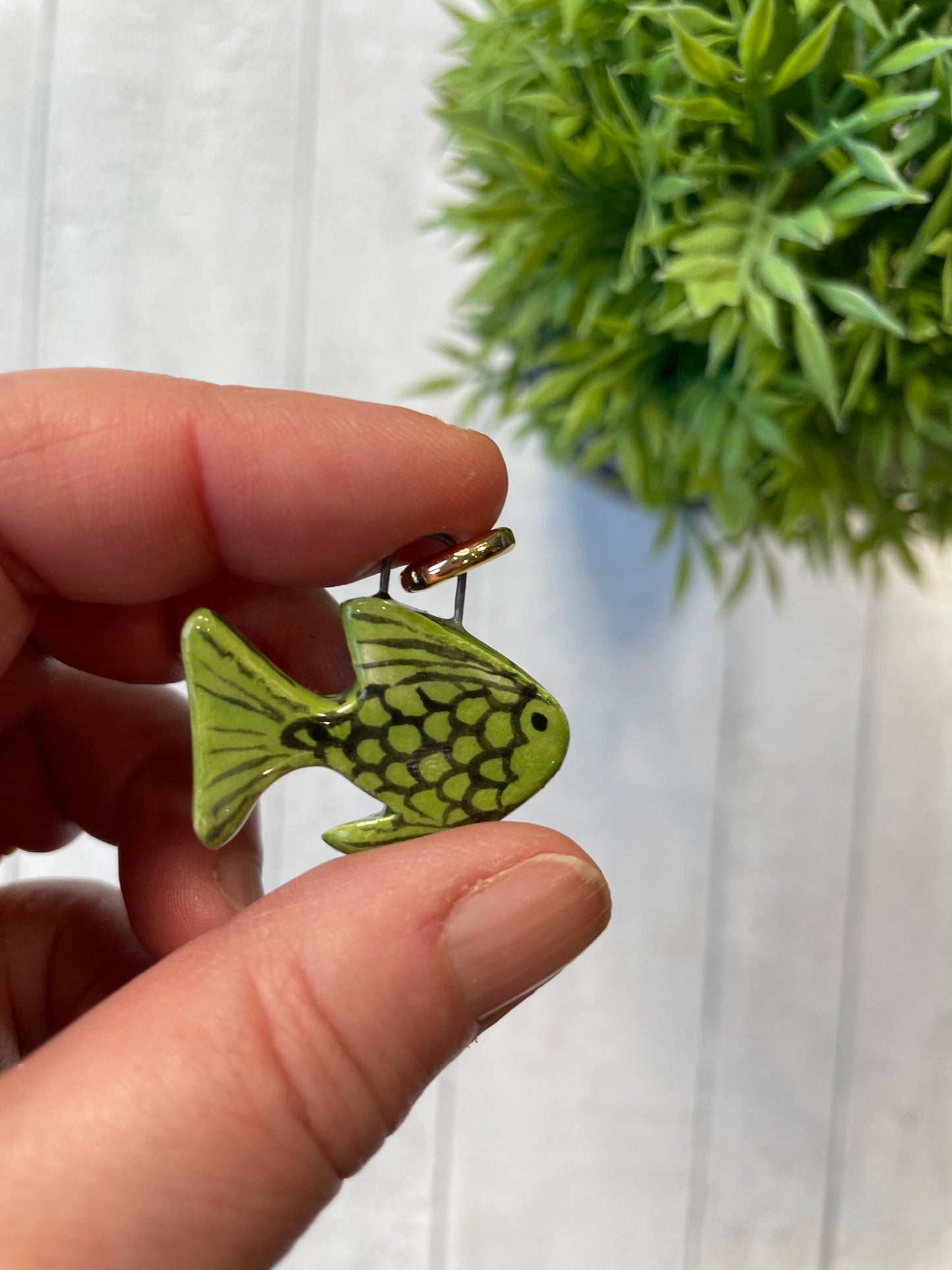 Hand-Painted Green Fish Ceramic Charm, Mini Pendant by Sister Sister