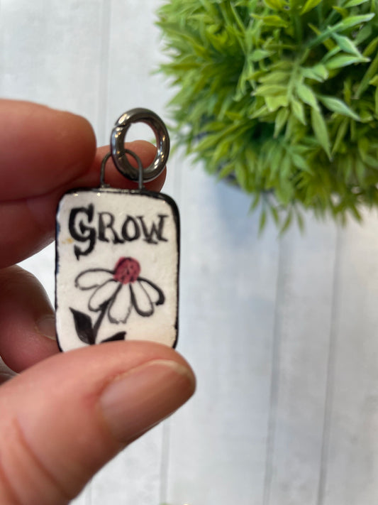Hand-Painted “Grow” Ceramic Flower Charm – Inspirational Mini Pendant by Sister Sister