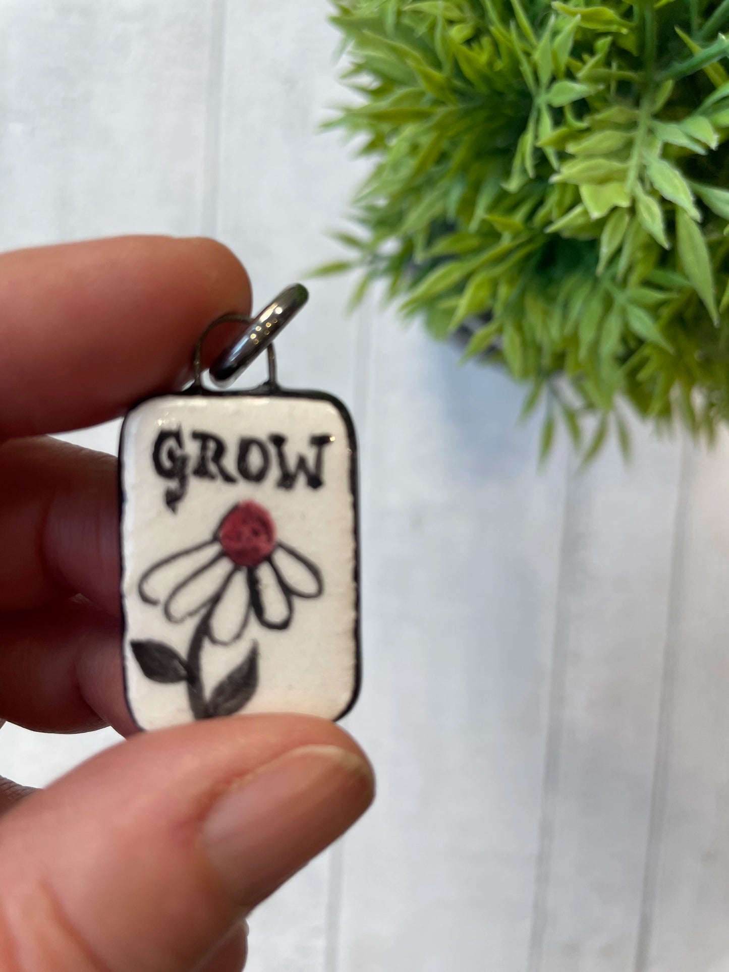 Hand-Painted “Grow” Ceramic Flower Charm – Inspirational Mini Pendant by Sister Sister