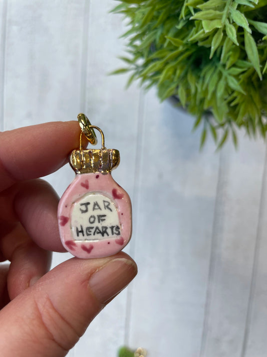 Hand-Painted “Jar of Hearts” Ceramic Charm, Pink Mini Pendant by Sister Sister