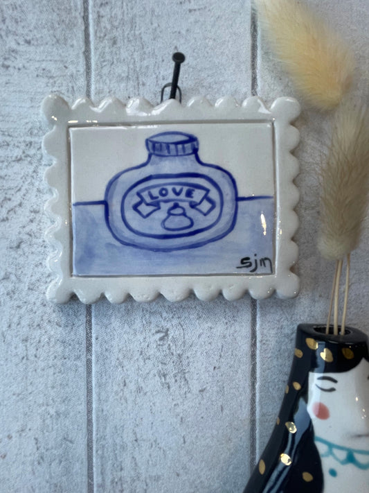 Hand-Painted Blue Marmite Jar Mini Masterpiece, Ceramic Wall Art by Sister Sister