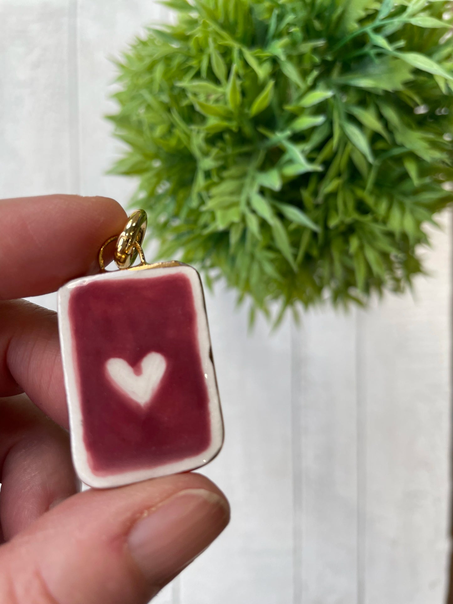 Hand Painted Queen of Hearts Playing Card Ceramic Charm Gold Lustre Edge