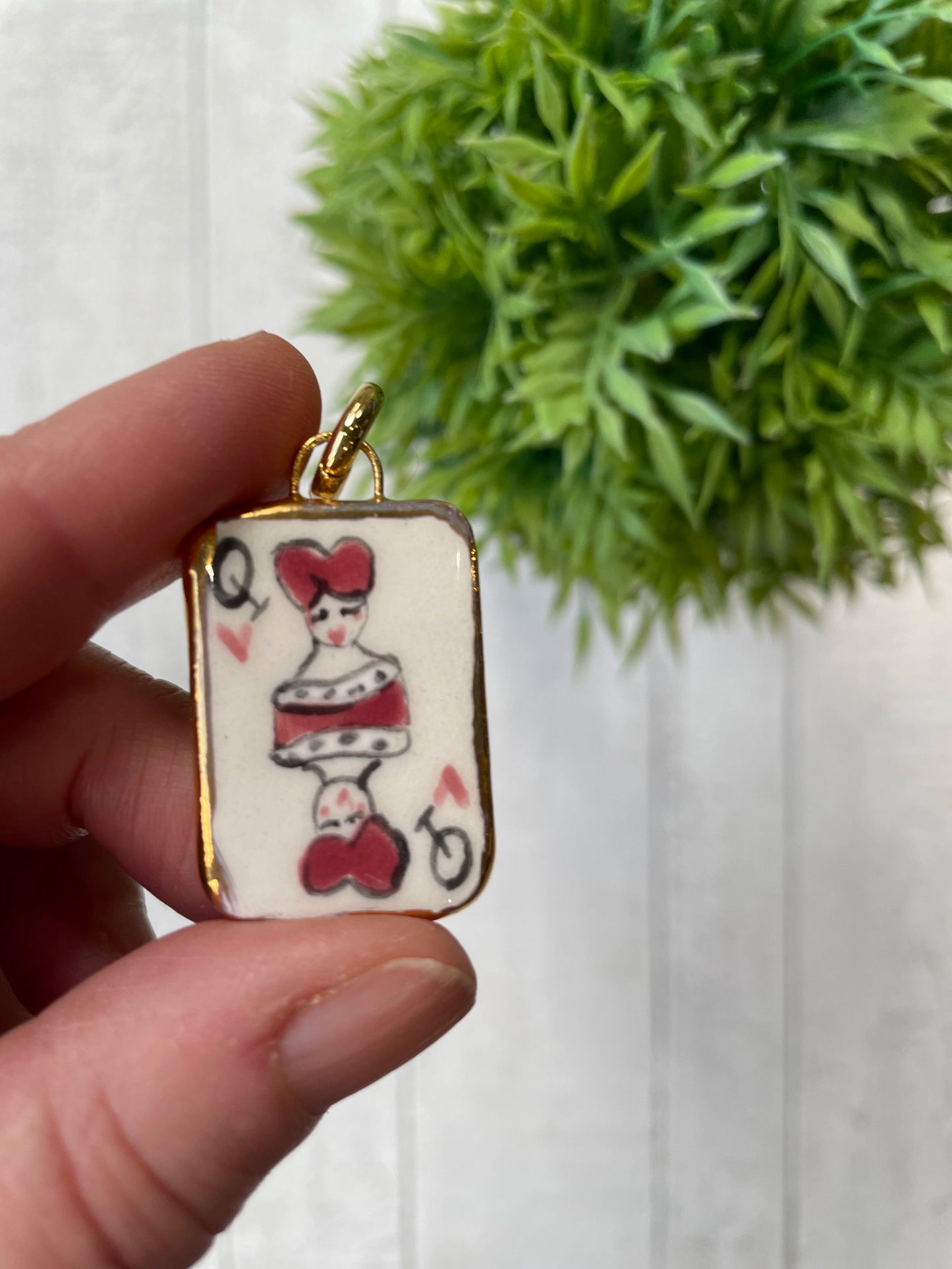 Hand Painted Queen of Hearts Playing Card Ceramic Charm Gold Lustre Edge