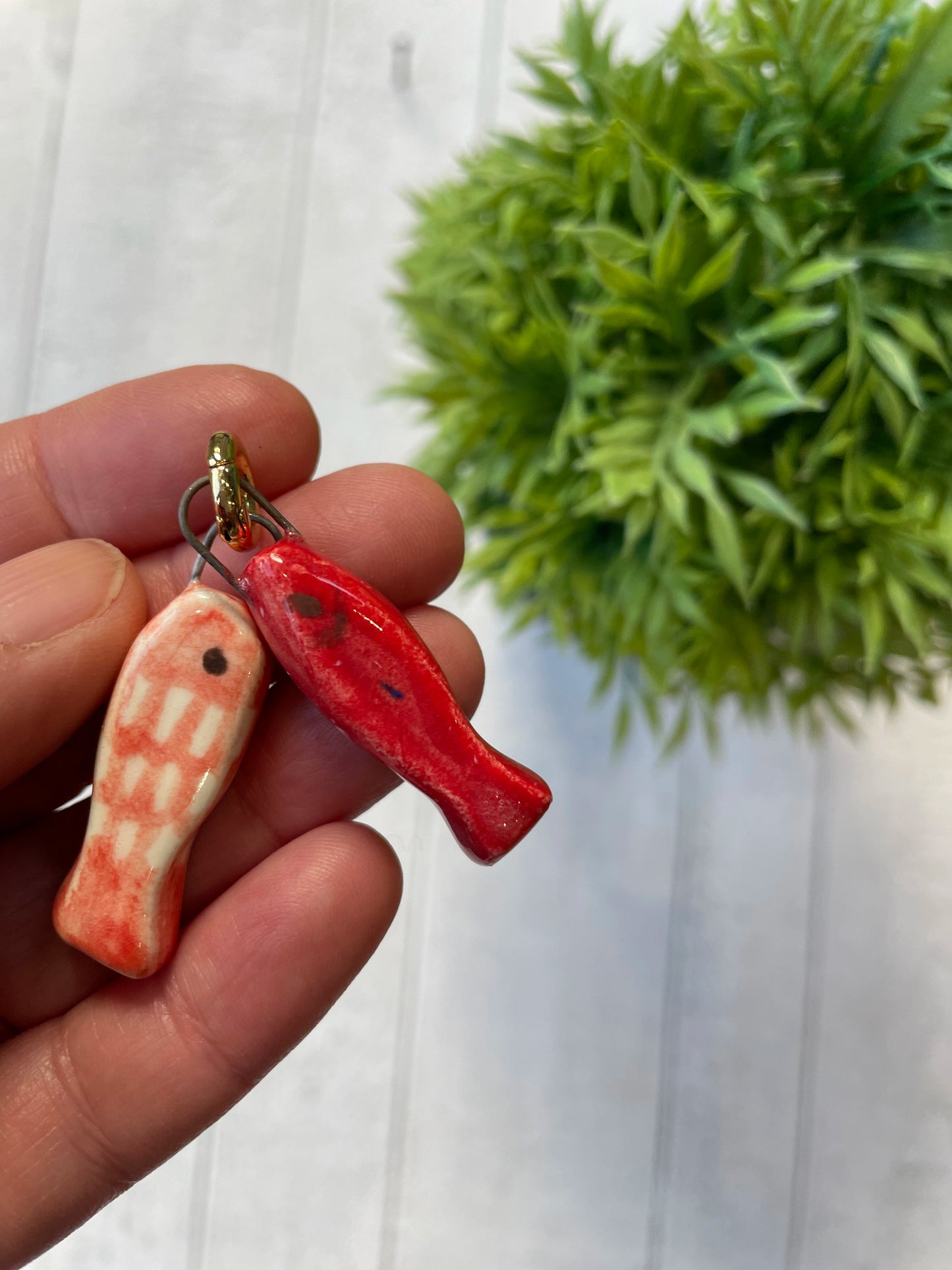 Hand-Painted Red Fish Duo Ceramic Charm, Coastal Mini Pendant by Sister Sister