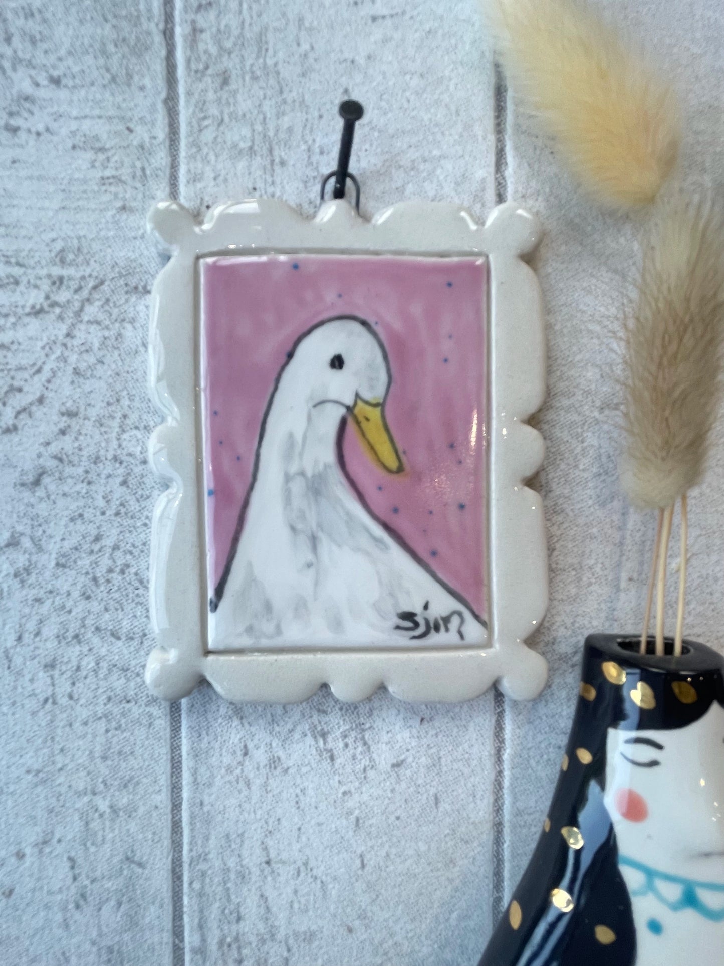 Hand-Painted “Silly Goose” Mini Masterpiece, Ceramic Wall Art by Sister Sister