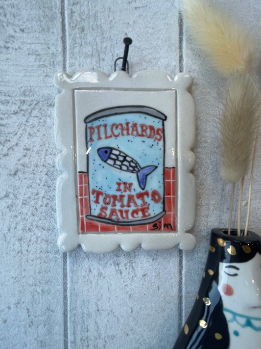 Hand-Painted Pilchards in Tomato Sauce Mini Masterpiece, Ceramic Wall Art by Sister Sister
