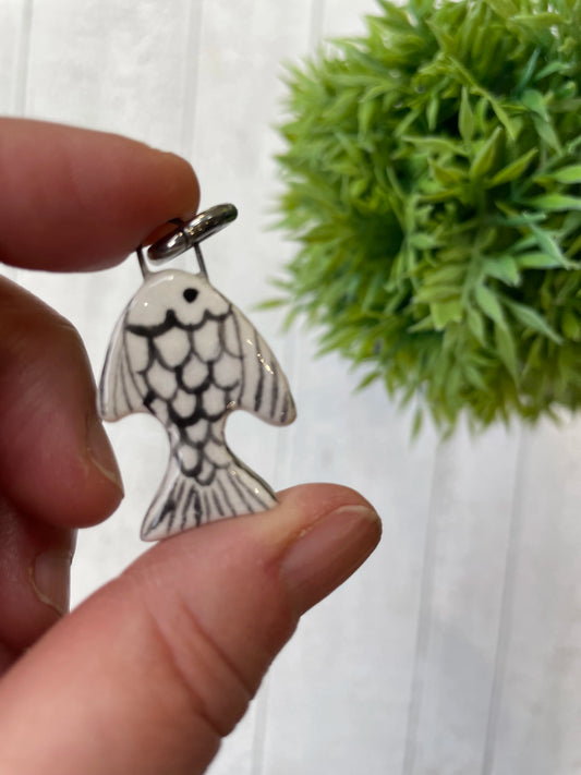 Hand Painted Black & White Fish Ceramic Charm, Nautical Jewellery