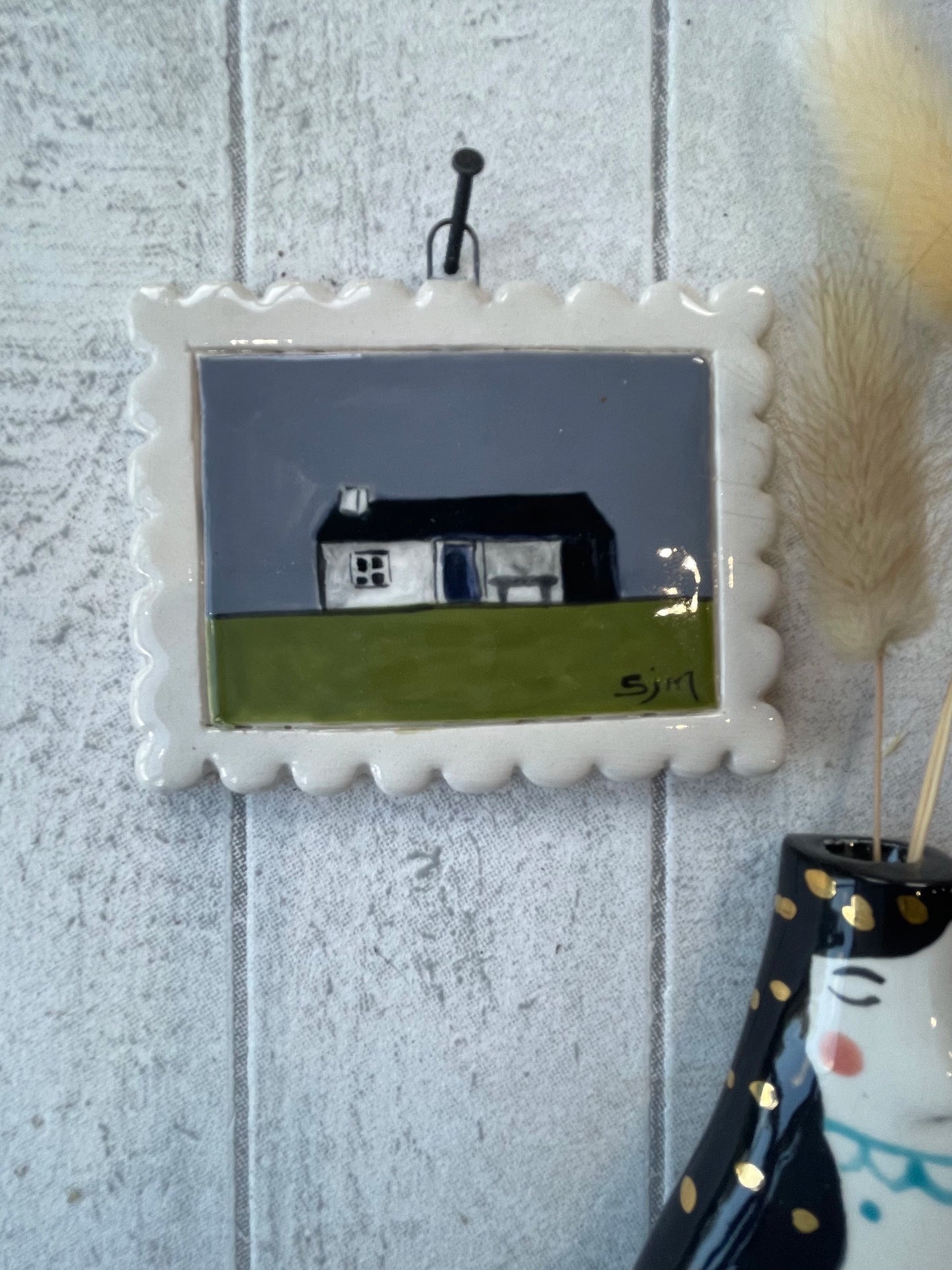 Hand-Painted White Cottage Mini Masterpiece, Ceramic Wall Art by Sister Sister
