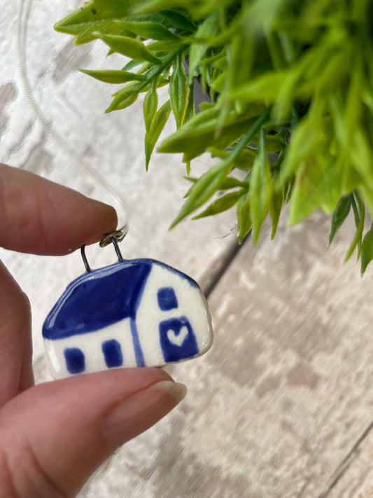 Hand Painted Blue Little House Charm Necklace | Cosy Home Jewellery | Sister Sister