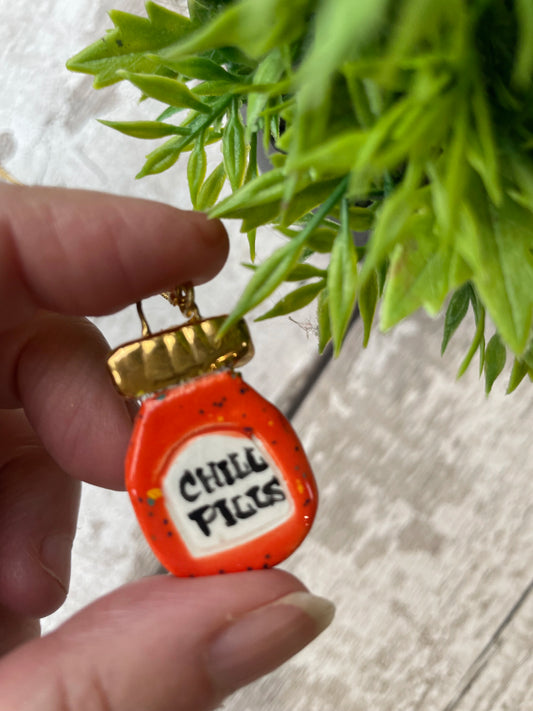 Hand Painted “Chill Pills” Bottle Charm Necklace, Gold Plated Chain