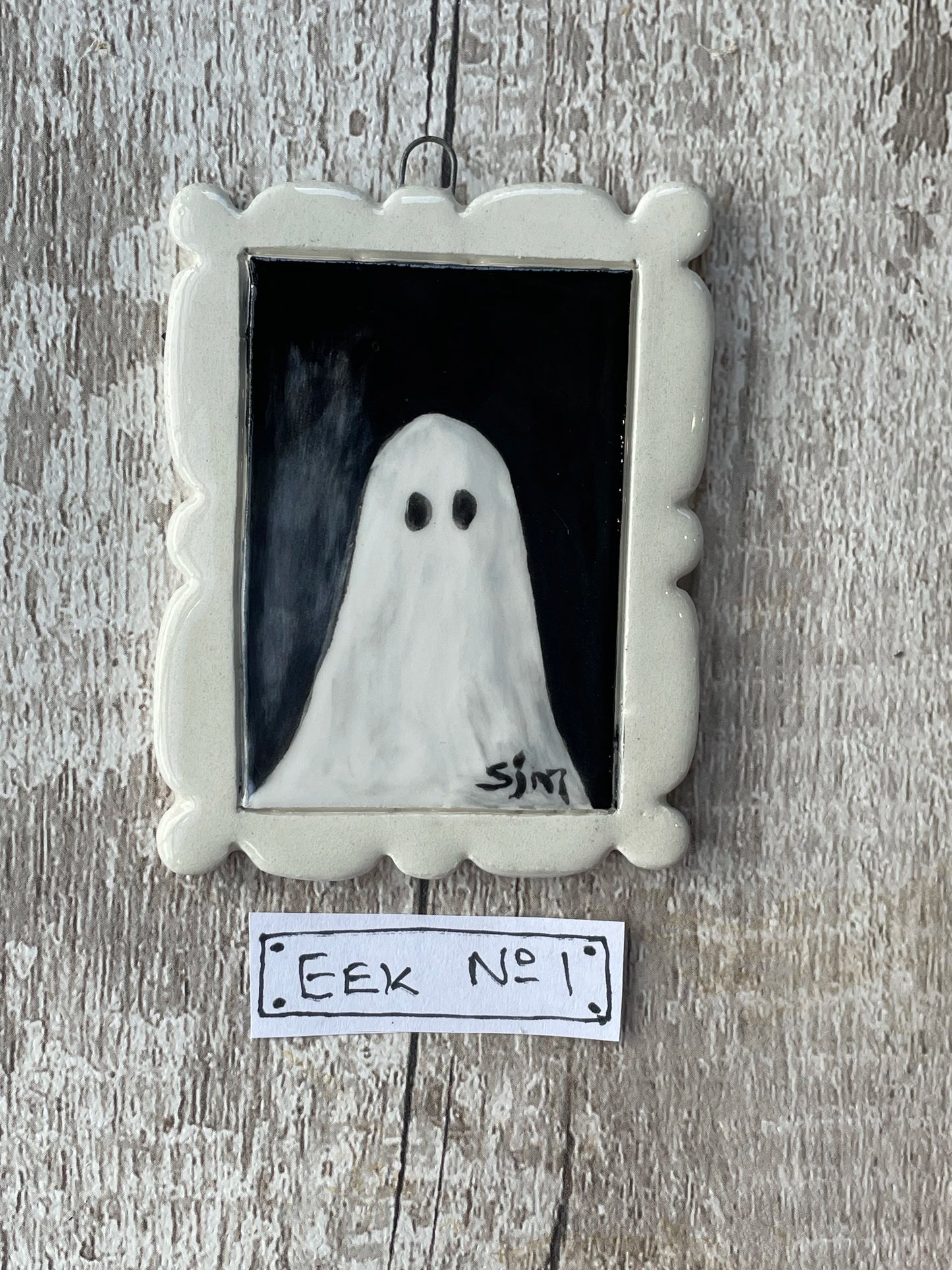 Hand Painted Ghost Mini Masterpiece “Eek” Ceramic Wall Art Sister Sister