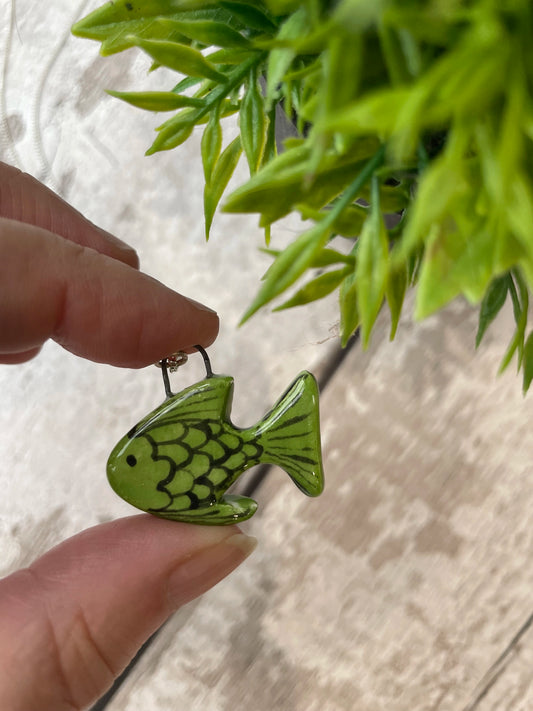 Hand Painted Green Fish Charm Necklace, Ocean-Inspired Jewellery
