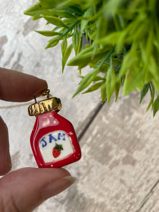 Hand Painted Jam Jar Charm Necklace, Strawberry Jam Jewellery