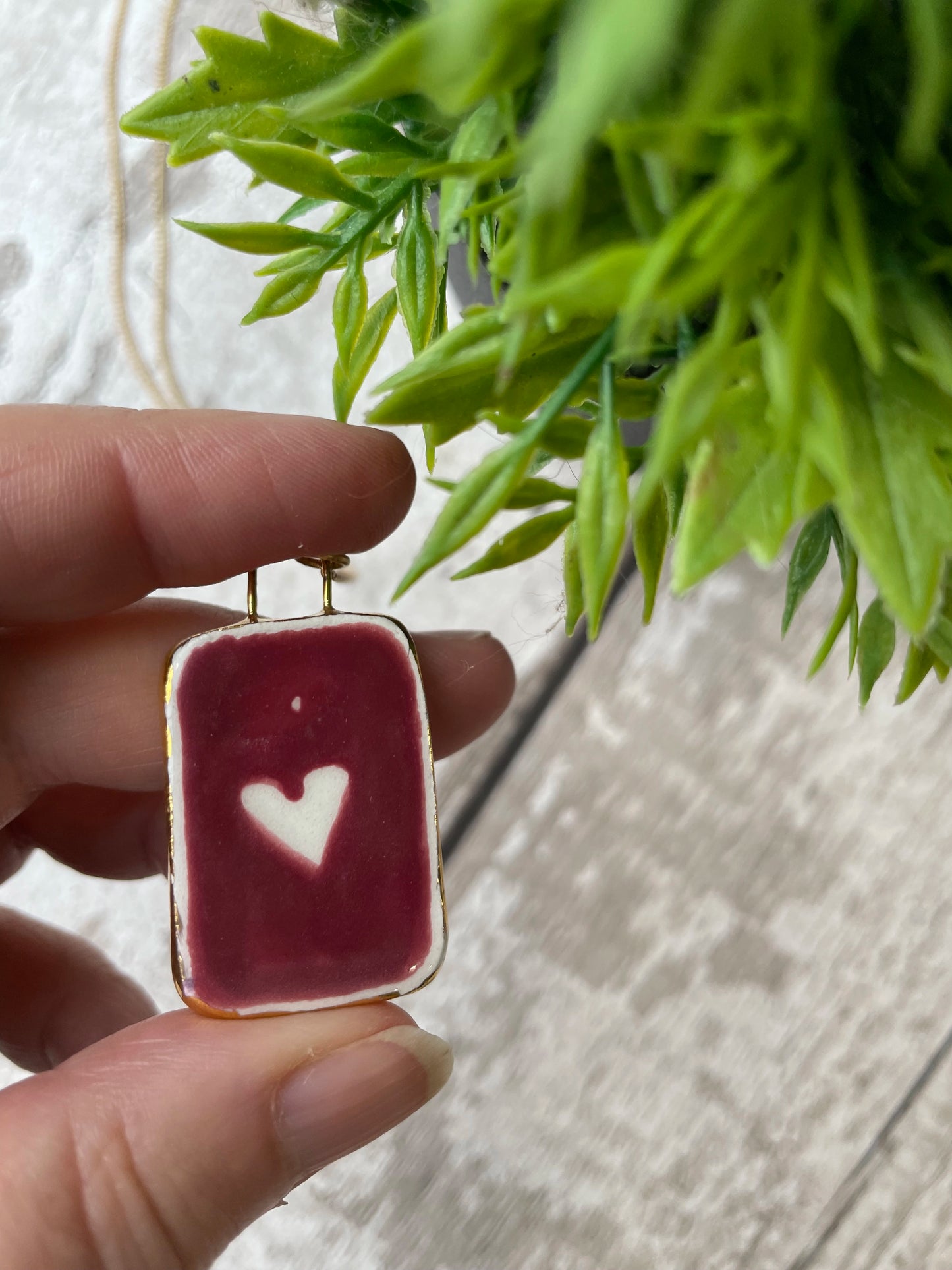 Hand Painted Queen of Hearts Playing Card Charm Necklace, Gold Lustre Edge