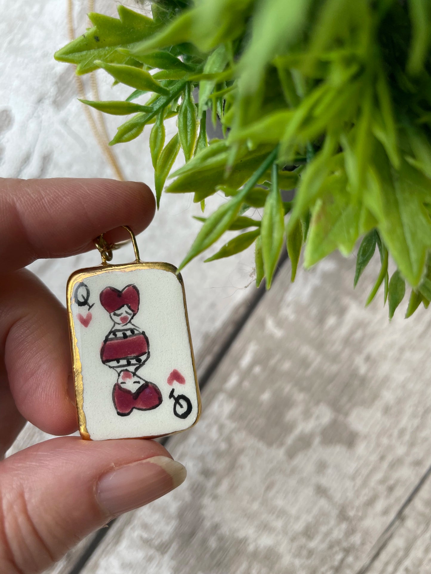 Hand Painted Queen of Hearts Playing Card Charm Necklace, Gold Lustre Edge