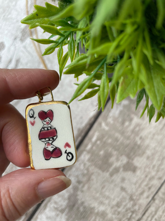 Hand Painted Queen of Hearts Playing Card Charm Necklace, Gold Lustre Edge