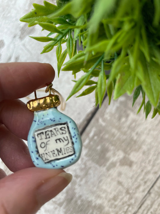 Hand Painted “Tears of My Enemies” Potion Bottle Charm Necklace Gold Plated Chain