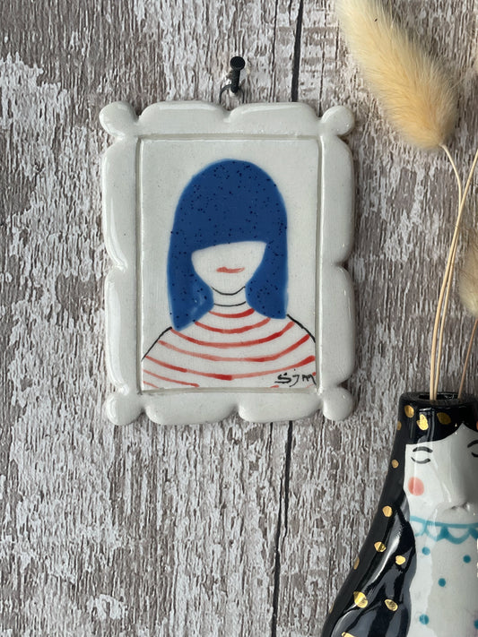 Mini Masterpiece, Hand-Painted Ceramic Portrait of Girl with Blue Hair Sister Sister