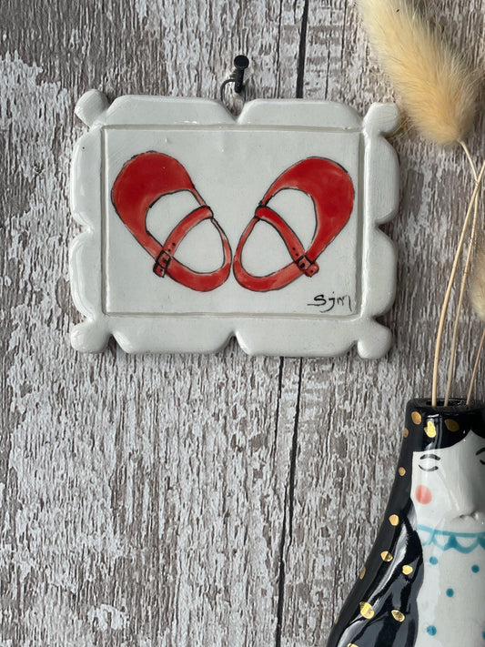 Mini Masterpiece, “Dorothy’s Shoes”  Hand-Painted Ceramic Red Mary Jane Shoes Wall Art