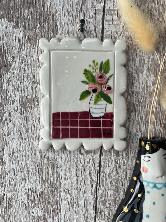 Mini Masterpiece, Hand Painted Ceramic Pink Flower Vase Wall Art