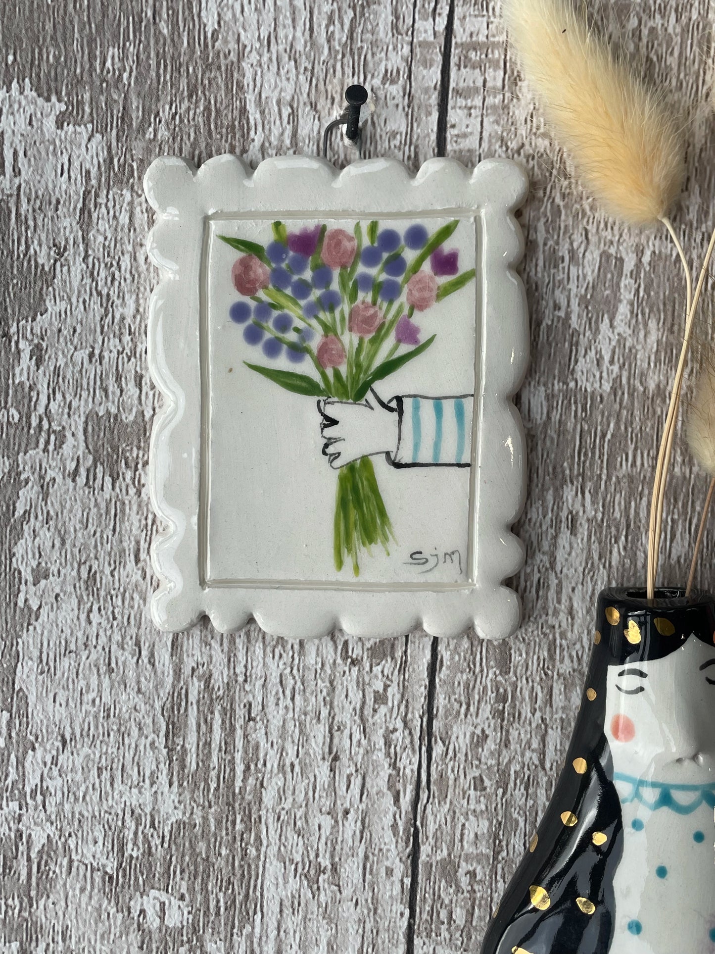 Mini Masterpiece – Hand-Painted Ceramic Flower Bouquet Wall Art
