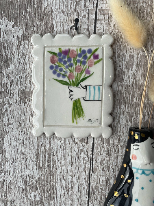 Mini Masterpiece – Hand-Painted Ceramic Flower Bouquet Wall Art
