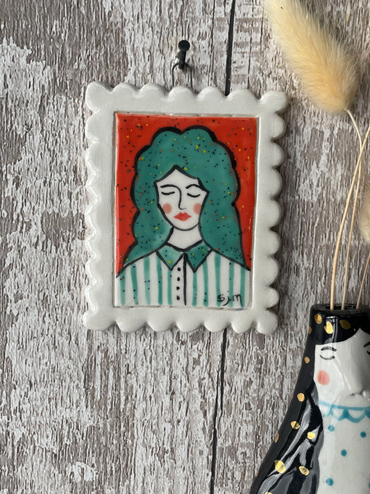 Mini Masterpiece “George” Hand Painted Ceramic Portrait with Teal Hair & Striped Shirt