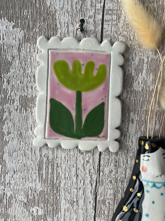 Mini Masterpiece Hand-Painted Ceramic Green Flower on Pink