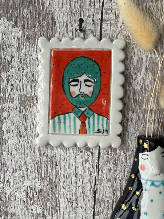 Mini Masterpiece “Ken” Hand Painted Ceramic Portrait with Green Hair & Red Tie