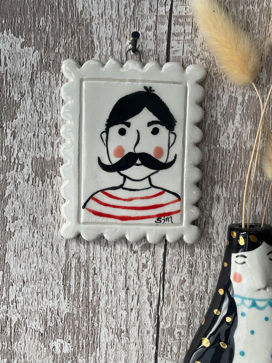 Mini Masterpiece “Marcel” Hand Painted Ceramic Portrait with Moustache & Red Stripes