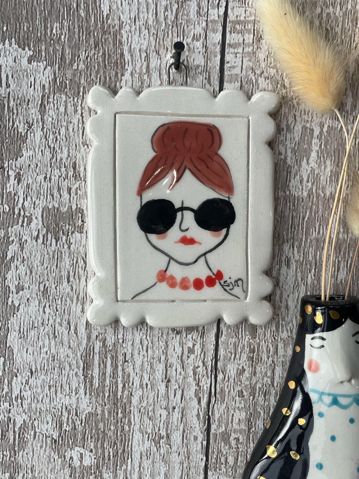 Mini Masterpiece “Mildred” Hand Painted Ceramic Portrait of Stylish Woman with Sunglasses