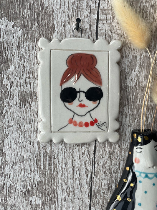 Mini Masterpiece “Mildred” Hand Painted Ceramic Portrait of Stylish Woman with Sunglasses