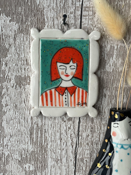 Mini Masterpiece “Miriam” Hand Painted Ceramic Portrait with Red Hair & Striped Shirt