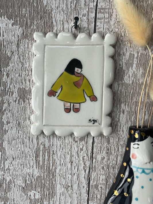 Mini Masterpiece “Nelly” Hand Painted Ceramic Girl in Yellow Coat & Scarf