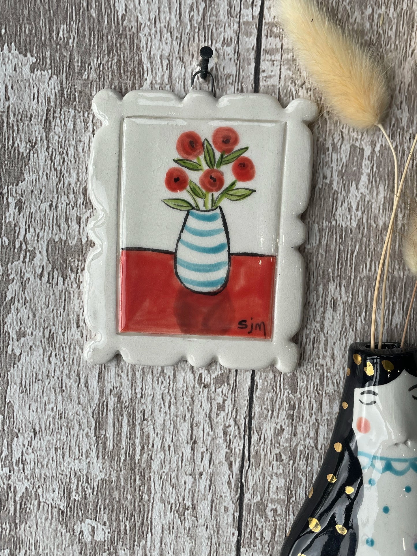 Mini Masterpiece Hand Painted Ceramic Red Flowers in Blue & White Striped Vase