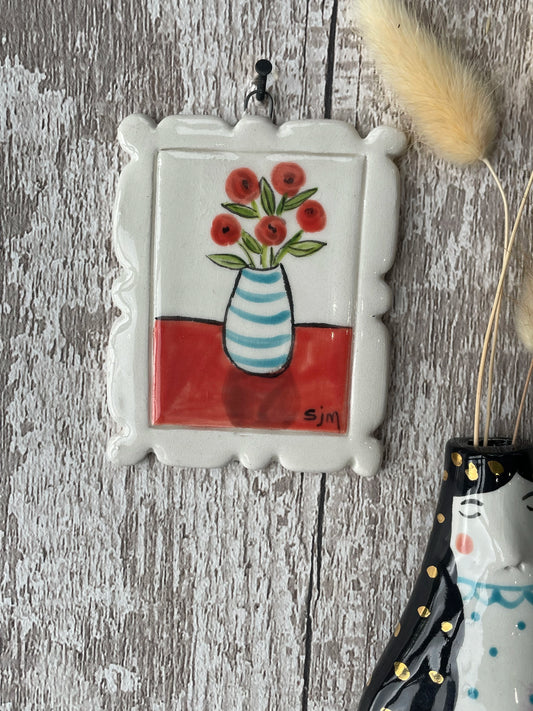 Mini Masterpiece Hand Painted Ceramic Red Flowers in Blue & White Striped Vase