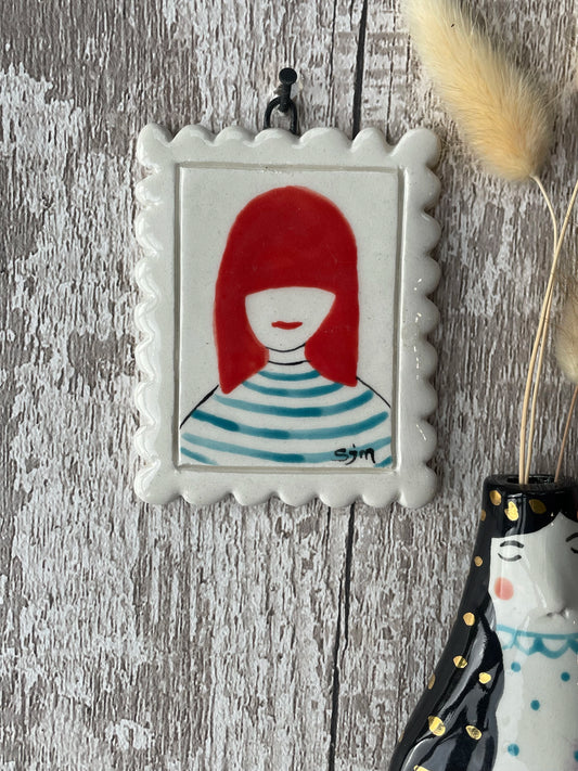Mini Masterpiece, Hand-Painted Ceramic Portrait of Girl with Red Hair