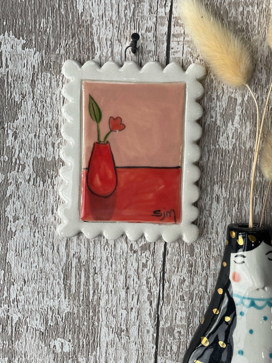 Mini Masterpiece Hand Painted Ceramic Wall Art with Red Vase & Heart Flower