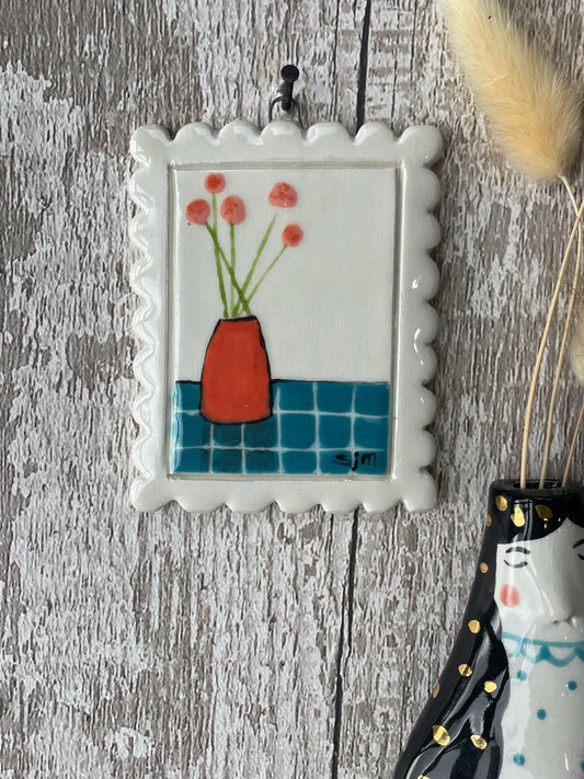 Mini Masterpiece Hand Painted Ceramic Red Vase with Pink Flowers on Blue Tiles