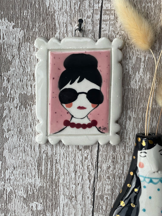 Mini Masterpiece “Coco” Hand Painted Ceramic Portrait of Stylish Woman with Sunglasses
